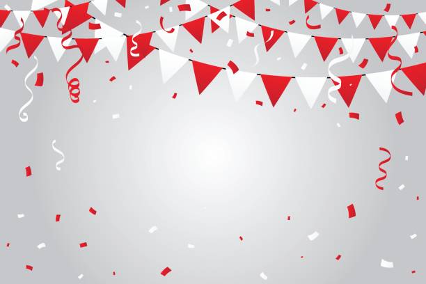 ilustrações de stock, clip art, desenhos animados e ícones de red and white party flags with confetti and streamer ribbons. celebration background vector illustration - streamer celebration anniversary backgrounds