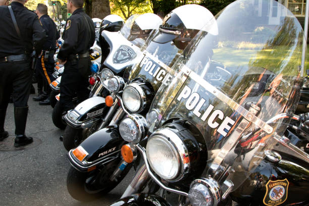 Haworth, New Jersey, USA – September 10, 2017: Police motorcycles side by side before the annual Andiamo Benefit Motorcycle run. Part of the police escort team before the start of the huge motorcycle rally of more than a thousand bikers.  The run proceeds will donate to local charities.