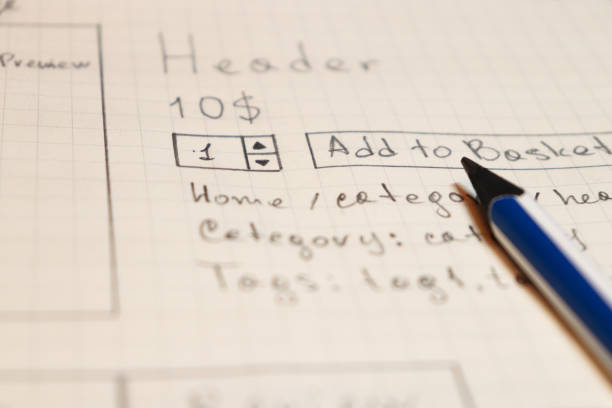 istock Online shop single page prototyping sketch with blue pencil. Website planning concept. Add to basket button. 846488926