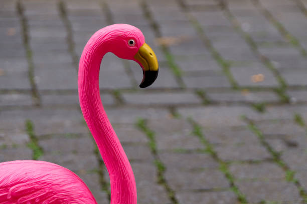 gros plan du grand flamant rose de faux en plastique sur fond brique - plastic flamingo photos et images de collection