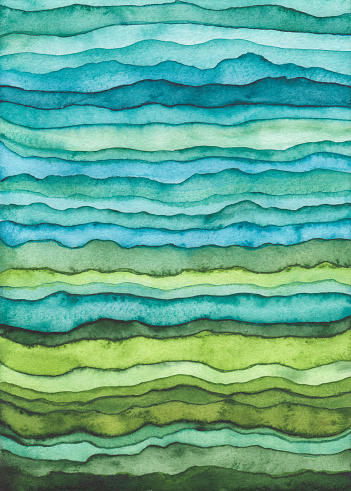 Bright Blue and Green Waves. Hand Drawn Stripped Watercolor Background