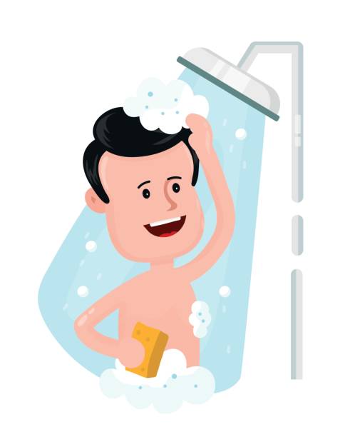 stockillustraties, clipart, cartoons en iconen met gelukkig glimlachende man nemen douche - douchen