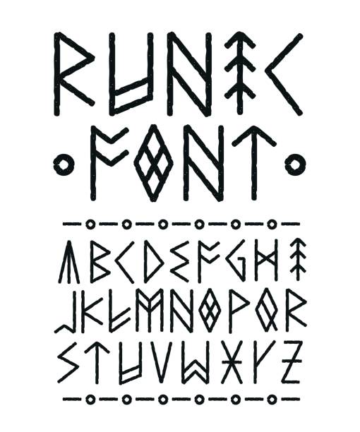 Runic hand drawn font. Vector ink brush Runic hand drawn font. Vector ink brush design. Style of runic inscriptions. Ethno nordic viking font typeface paintad Ink conept. Isolated on black background runes stock illustrations