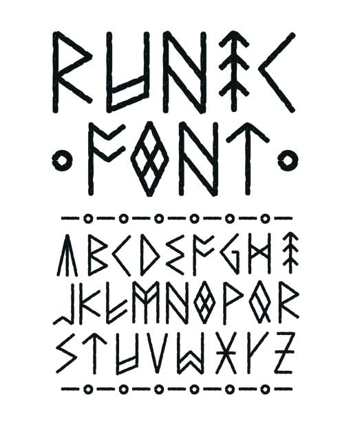 Runic hand drawn font. Vector ink brush Runic hand drawn font. Vector ink brush design.  Style of runic inscriptions. Ethno nordic viking font typeface paintad Ink conept. Isolated on black background runes stock illustrations