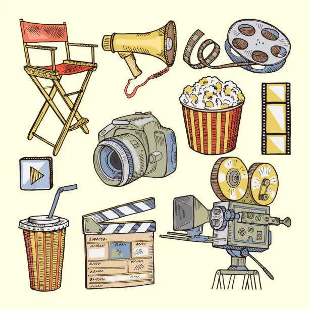 Vector illustration of Set of colored objects on the theme of cinema