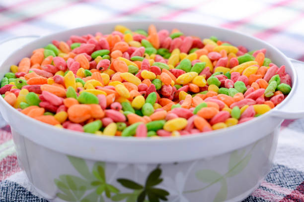Puffed crispy colorful rice in the bowl. Healthy breakfast