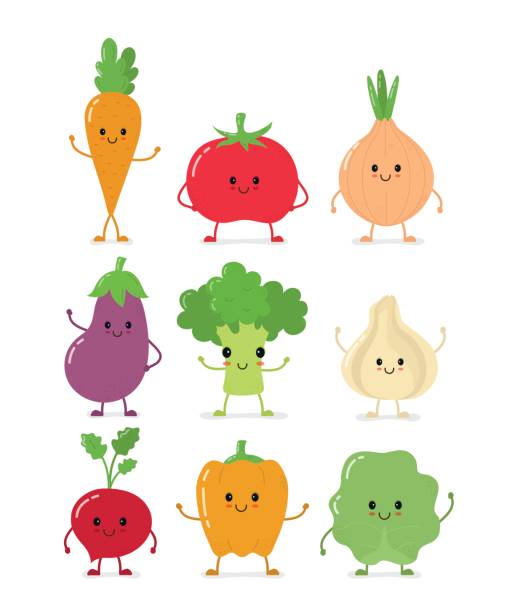 niedliche glücklich smilig rohes gemüse kollektion - food cartoon vegetable running stock-grafiken, -clipart, -cartoons und -symbole
