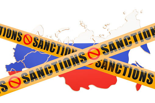 Concepto de sanciones con el mapa de Rusia, aislada sobre fondo blanco de procesamiento 3D photo