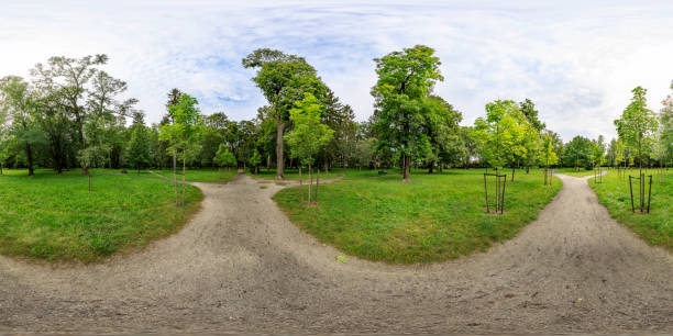 360 degrees spherical panoramic shot of green park in the summer afternoon