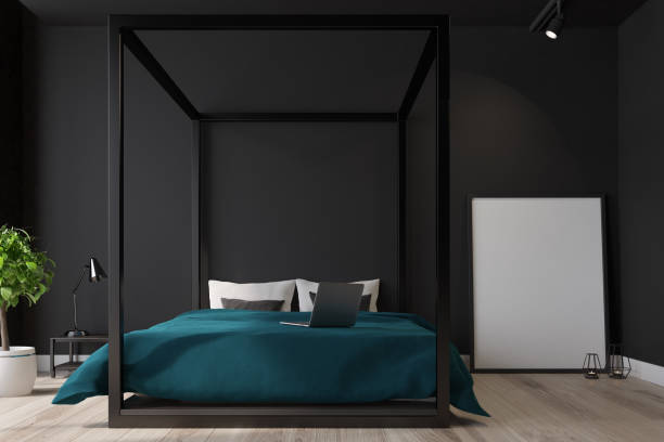 istock Black bedroom interior, poster close up 846531830