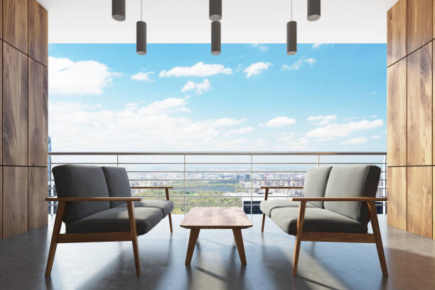 istock Wooden balcony, gray armchairs 846531992