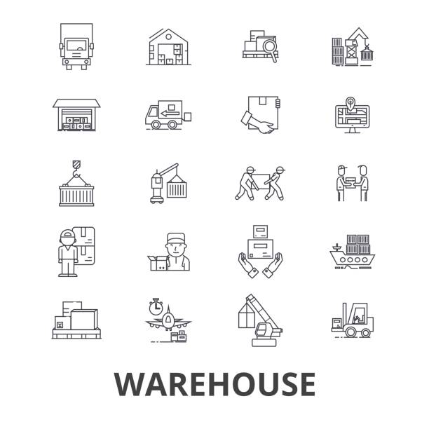 Warehouse building, logistics, delivery, storage, forklift, industry, store line icons. Editable strokes. Flat design vector illustration symbol concept. Linear isolated signs Warehouse building, logistics, delivery, storage, forklift, industry, store line icons. Editable strokes. Flat design vector illustration symbol concept. Linear signs isolated on background warehouse icons stock illustrations