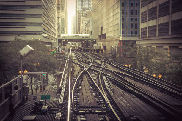 istock Crisscrossing tracks in an urban canyon 846540148