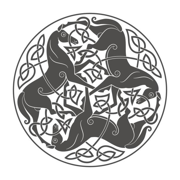 Ancient celtic mythological symbol of horse trinity Ancient celtic mythological symbol of horse trinity. Vector knot ornament. celtic cross stock illustrations
