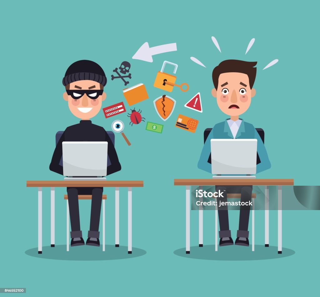 scène couleur voleur hacker et programmeur homme au bureau avec ordinateurs portables empêchant l’attaque - clipart vectoriel de Dérober - Crime libre de droits