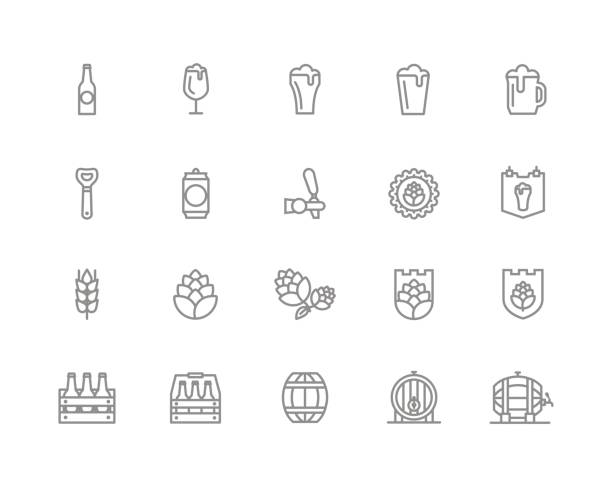 Set of vector beer and bar, pub line icons. Alcohol, bottle, mug, barley, hop, barrel, ale, froth, keg, beaker, jar and more. Editable Stroke. Vector symbol or icon design element for companies beer pump stock illustrations