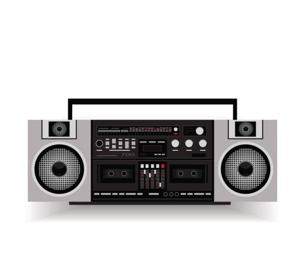 Old cassette audio. Old cassette audio. Gray audio of the 90s. Flat design vintage portable silver radio stock illustrations