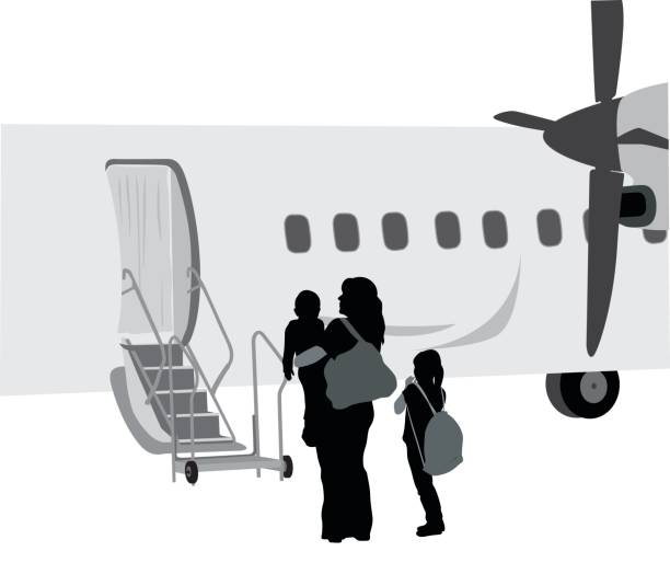 Witness Protection Relocation Silhouette vector illustration of a mother and her kids boarding the plane human migration stock illustrations