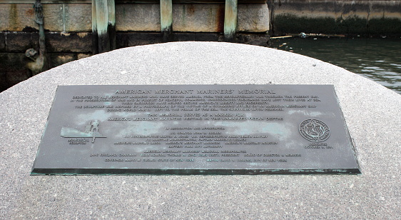 New York, USA - 28 September, 2016: American Merchant Mariner's Memorial Plaque located at Battery Park in downtown Manhattan.