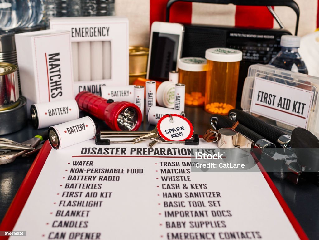 Disaster preparation kit. Items needed for disaster preparedness Disaster preparation kit flat lay. Items needed for disaster preparedness Hurricane - Storm Stock Photo