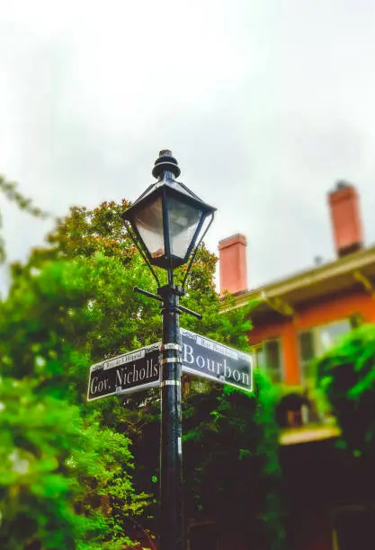 Photo of Bourbon Street, New Orleans. Ancient street lamp and pointer