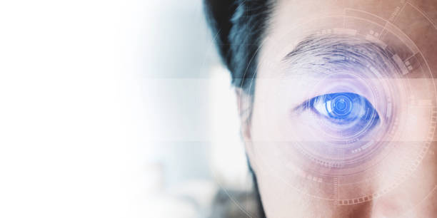 istock Panoramic close-up Asian businessman's eye , with futuristic technology visual effect 846628402