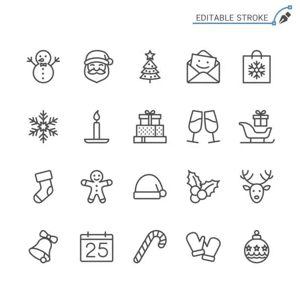 Vector illustration of Christmas line icons. Editable stroke. Pixel perfect.