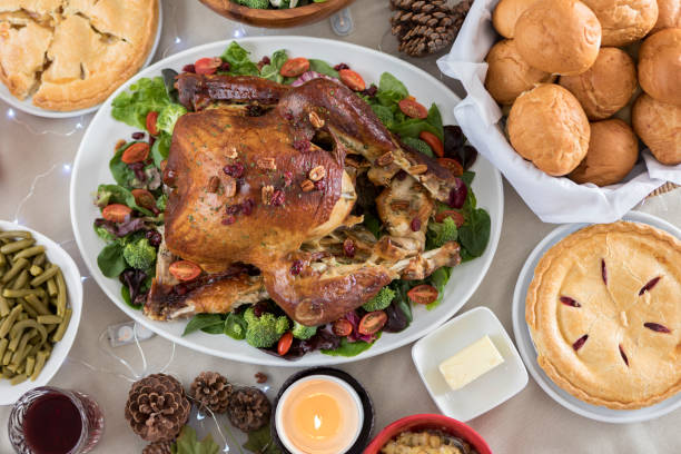 Closeup and bird's eye view of a prepared Christmas dinner meal