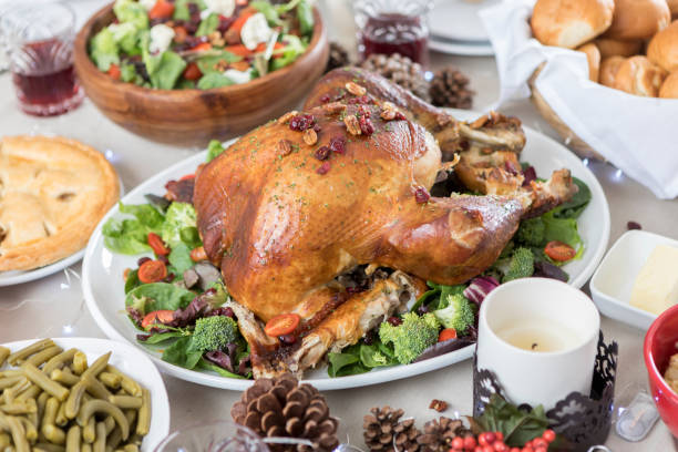 Closeup of table full of Christmas dinner cuisine
