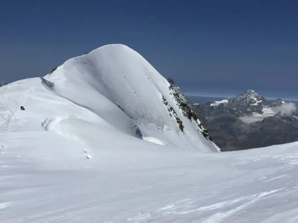 Scenic snowcapped Breithorn mountain above Zermatt, Penine Alps