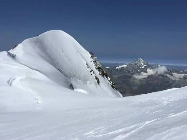 Scenic snowcapped Breithorn mountain above Zermatt, Penine Alps
