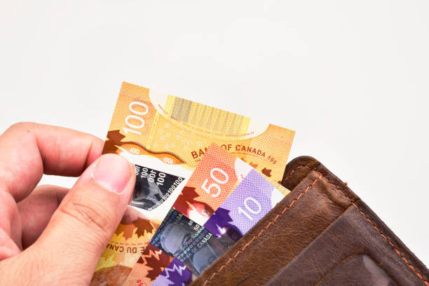 Hand holding one hundred Canadian banknotes (CAD) Hand holding one hundred Canadian banknotes (CAD) in brown leather wallet on white background over 100 photos stock pictures, royalty-free photos & images