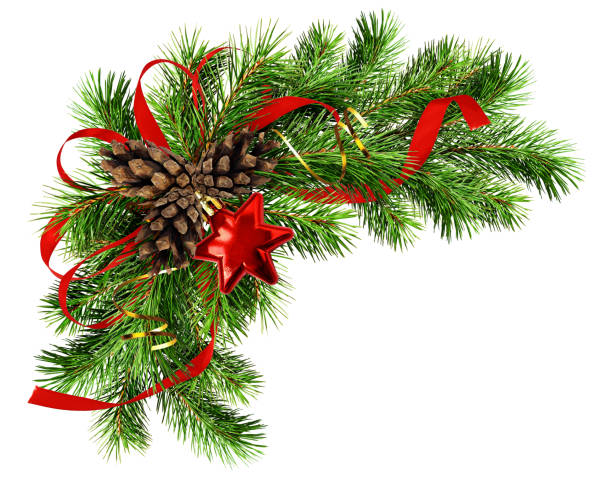 소나무 잔 가지, 콘 및 빨간 실크 리본 활 크리스마스 배열 - red and green bow 뉴스 사진 이미지