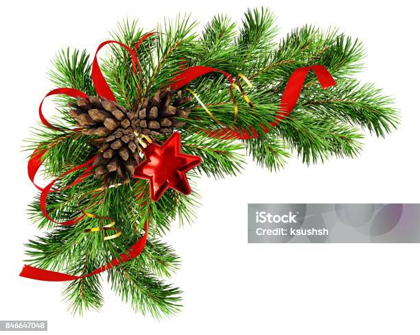 Christmas Arrangement With Pine Twigs Cones And Red Silk Ribbon Bow Stock Photo - Download Image Now