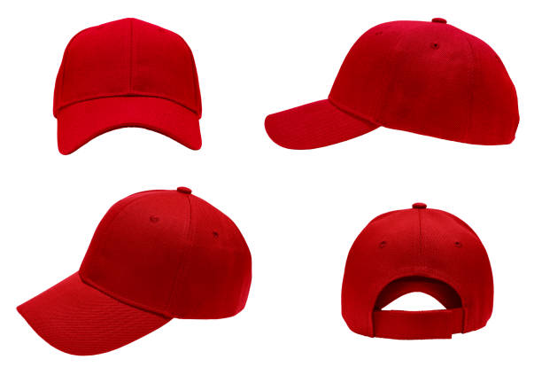vista do cap 4 de basebol vermelho em branco - baseball cap cap isolated nobody - fotografias e filmes do acervo