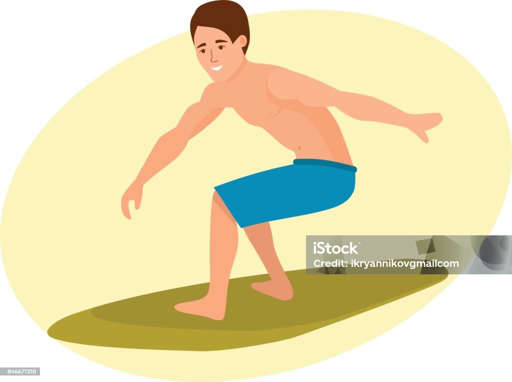 Surfer with surfboard standing, riding on ocean wave. Surf travel Summer vacation on sea and beach. Surfer man with surfboard standing and riding on ocean wave. Recreational beach water sport. Surf travel. Character person. Vector illustration in cartoon style. Cartoon stock vector