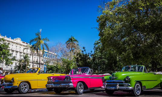 Havana: HDR - American Chevrolet Buick and Mercury Cabriolet classic cars parked lined up in Havana City Cuba - Serie Cuba 2016 Reportage
