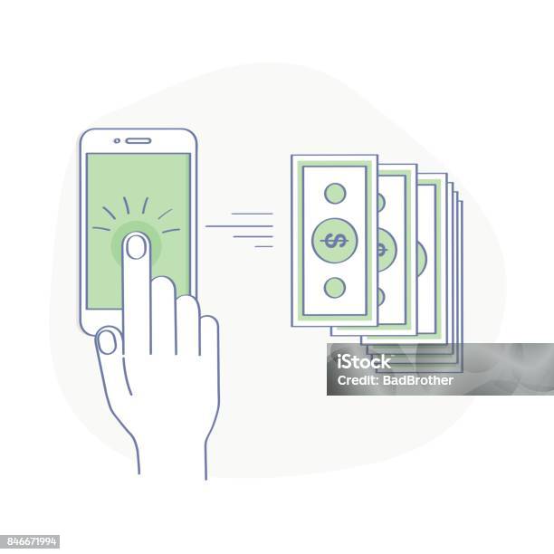 Sending And Receiving Money Wireless With Mobile Phone Isolated Vector Illustration Stock Illustration - Download Image Now