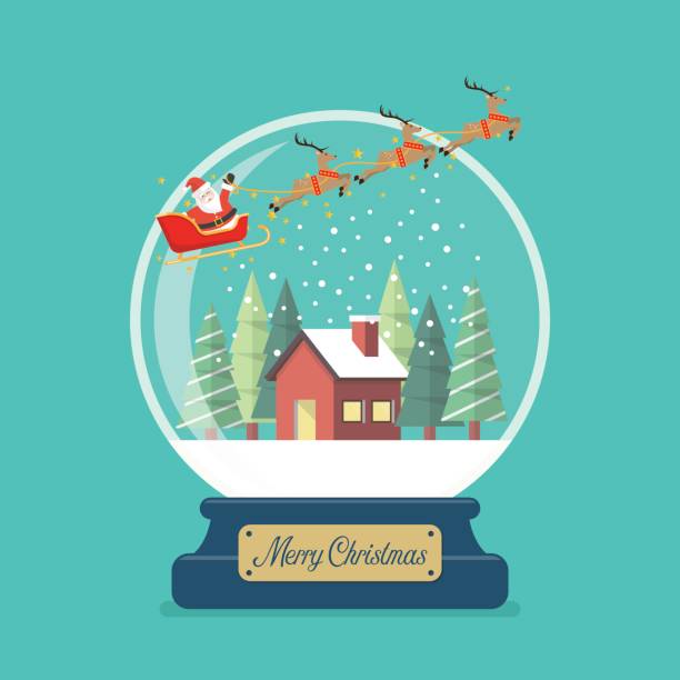 ilustrações, clipart, desenhos animados e ícones de esfera de vidro de natal feliz com a casa de inverno e o trenó de papai noel - santa claus sleigh toy christmas