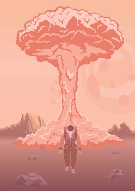 ядерный взрыв на марсе или другой планете. астронавт в скафандре на фоне взрыва. векторная иллюстрация. - mushroom cloud hydrogen bomb atomic bomb testing bomb stock illustrations
