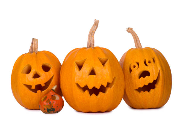 istock Halloween pumpkin, three funny face isolated on white background 846677758