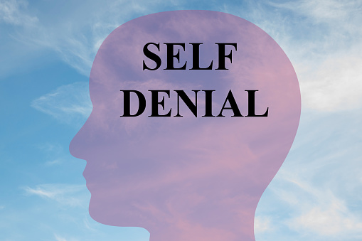 Render illustration of Self Denial title on head silhouette, with cloudy sky as a background.