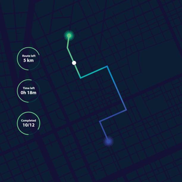 illustrazioni stock, clip art, cartoni animati e icone di tendenza di navigazione gps, interfaccia dashboard di tracciamento. - pursuit