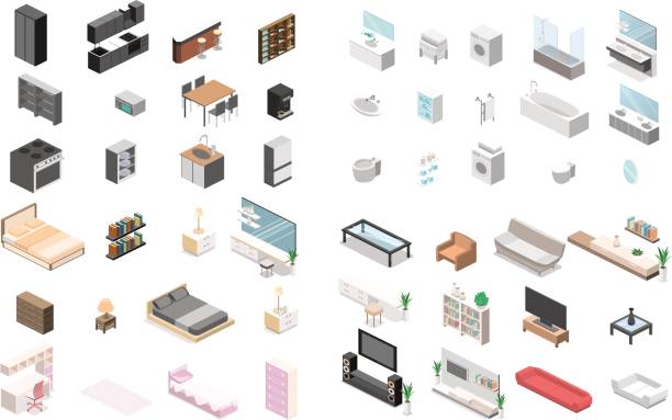 Furniture Constructor for creating a bathroom, living room, bedroom, kitchen Furniture for an apartment. Isometric flat 3D isolated concept vector cutaway Constructor for creating a bathroom, living room, bedroom, kitchen mirror object drawings stock illustrations
