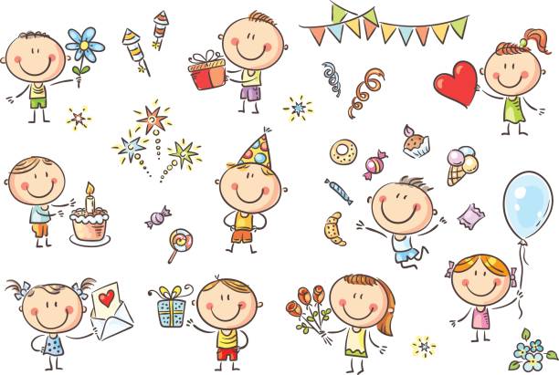 ilustraciones, imágenes clip art, dibujos animados e iconos de stock de cumpleaños fiestas niños set - clip art holiday white background humor