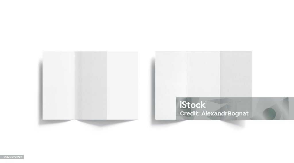 Blank white tri folded booklets mockups set, opened top view Blank white tri folded booklets mockups set, opened top view, 3d rendering. Plain trifold brochures mock ups set isolated. Book cover and three flier inside, copy space. Brochure Stock Photo