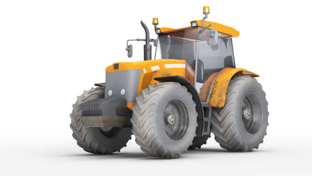 istock Dirty wheel agricultural tracktor isolated on white background. Front side view 846692514