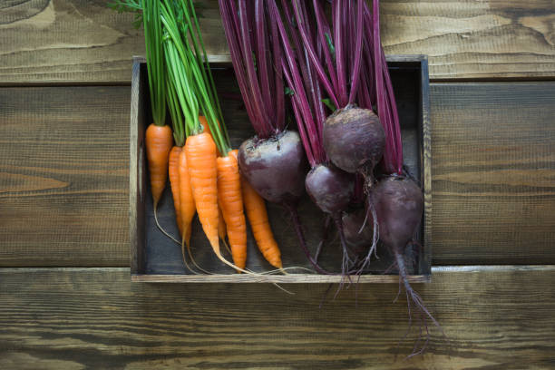 istock Harvest fresh vegetables from carrot, beetroot, onion, garlic on old wooden board. Top view, rustic style. Autumn still life. Gardening. Copy space. 846693194