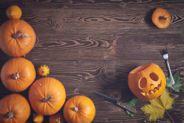 istock Halloween pumpkin man with knife and fork 846693464