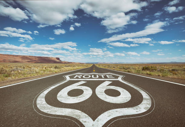 Highway sign for Route 66 on asphalt of country road stock photo